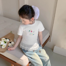 批发纯棉女童双蕾丝花边卡通印花T恤夏季新款中大童设计感上衣