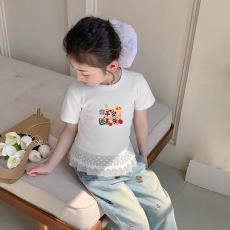 纯棉女童双蕾丝花边卡通印花T恤夏季新款中大童设计感上衣