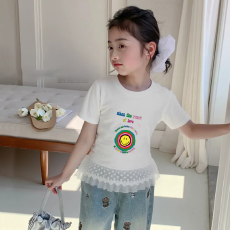 纯棉女童双蕾丝花边卡通印花T恤夏季新款中大童设计感上衣