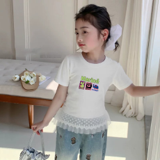 纯棉女童双蕾丝花边卡通印花T恤夏季新款中大童设计感上衣