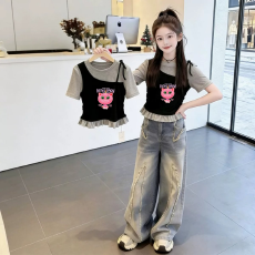 批发女童韩版荷叶花边<b class='q'>夏</b>季新款短袖T恤儿童假两件洋气收腰T恤