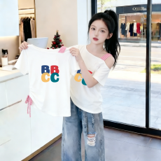批发<b class='q'>女</b><b class='q'>童</b>露肩短袖<b class='q'>t</b><b class='q'>恤</b>夏季新款儿童斜领抽绳上衣中大童韩版设计感短袖