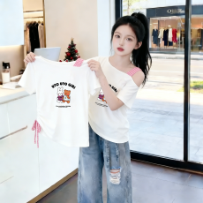 批发<b class='q'>女</b><b class='q'>童</b>露肩短袖<b class='q'>t</b><b class='q'>恤</b>夏季新款儿童斜领抽绳上衣中大童韩版设计感短袖