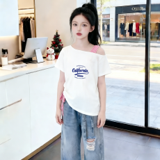 批发<b class='q'>女</b><b class='q'>童</b>露肩短袖<b class='q'>t</b><b class='q'>恤</b>夏季新款儿童斜领抽绳上衣中大童韩版设计感短袖