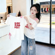 批发<b class='q'>女</b><b class='q'>童</b>露肩短袖<b class='q'>t</b><b class='q'>恤</b>夏季新款儿童斜领抽绳上衣中大童韩版设计感短袖