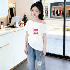 批发<b class='q'>女</b><b class='q'>童</b>露肩短袖<b class='q'>t</b><b class='q'>恤</b>夏季新款儿童斜领抽绳上衣中大童韩版设计感短袖