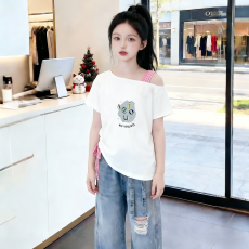 批发<b class='q'>女</b><b class='q'>童</b>露肩短袖<b class='q'>t</b><b class='q'>恤</b>夏季新款儿童斜领抽绳上衣中大童韩版设计感短袖