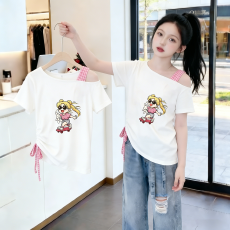批发<b class='q'>女</b><b class='q'>童</b>露肩短袖<b class='q'>t</b><b class='q'>恤</b>夏季新款儿童斜领抽绳上衣中大童韩版设计感短袖