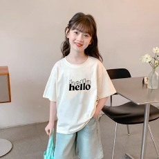 批发纯棉<b class='q'>女</b><b class='q'>童</b>洋气短袖<b class='q'>T</b><b class='q'>恤</b>夏装新款百搭圆领印花休闲百搭上衣