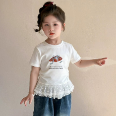 批发纯棉<b class='q'>女童</b>双蕾<b class='q'>丝</b>花边卡通印花T恤夏季新款中大童设计感上衣