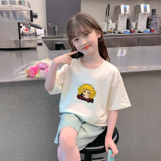 批发纯棉女童洋气短袖T恤夏装新款百搭圆领印花休闲百搭上衣