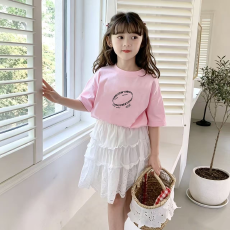 批发纯棉女童洋气短袖T恤夏装新款百搭圆领印花休闲百搭上衣