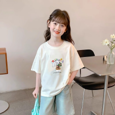 批发纯棉女童洋气短袖T恤夏装新款百搭圆领印花休闲百搭上衣