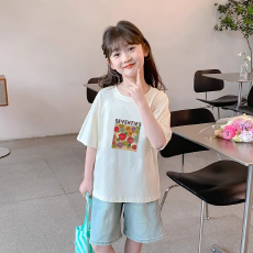 批发纯棉女童洋气短袖T恤夏装新款百搭圆领印花休闲百搭上衣