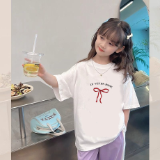 批发纯棉女童洋气短袖T恤夏装新款百搭圆领印花休闲百搭上衣