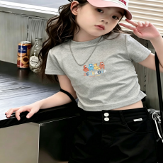 批发1*1纯棉高弹力女童短袖t恤夏季新款抽褶短款收腰百搭洋气T恤