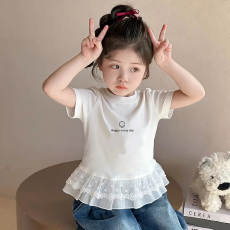批发纯棉女童双蕾丝花边卡通印花T恤夏季新款中大童设计感上衣
