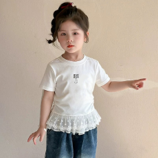 批发纯棉女童双蕾丝花边卡通印花T恤夏季新款中大童设计感上衣
