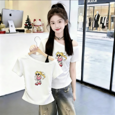 批发<b class='q'>女</b><b class='q'>童</b>短袖T恤<b class='q'>夏装</b>吊带斜肩韩版新款夏季中大童收腰洋气上衣