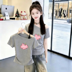 批发<b class='q'>女</b><b class='q'>童</b>短袖T恤<b class='q'>夏装</b>吊带斜肩韩版新款夏季中大童收腰洋气上衣