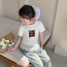 批发纯棉<b class='q'>女</b><b class='q'>童</b>双蕾丝花边卡通印花T恤夏季新款中大童设计感<b class='q'>上衣</b>