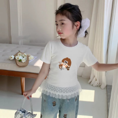 批发纯棉<b class='q'>女</b><b class='q'>童</b>双蕾丝花边卡通印花T恤夏季新款中大童设计感<b class='q'>上衣</b>
