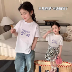 批发纯棉女童洋气短袖T恤夏装新款百搭圆领印花休闲百搭上衣