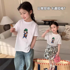 批发纯棉女童洋气短袖T恤夏装新款百搭圆领印花休闲百搭上衣