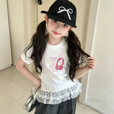 批发纯棉<b class='q'>女童</b>双蕾<b class='q'>丝</b>花边卡通印花T恤夏季新款中大童设计感上衣