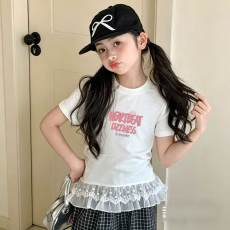 批发纯棉<b class='q'>女童</b>双蕾<b class='q'>丝</b>花边卡通印花T恤夏季新款中大童设计感上衣