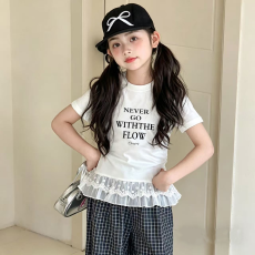 批发纯棉<b class='q'>女童</b>双蕾<b class='q'>丝</b>花边卡通印花T恤夏季新款中大童设计感上衣