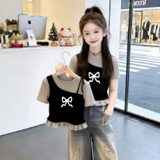 批发<b class='q'>女童</b>韩<b class='q'>版</b>荷叶花边夏季新款短袖T恤儿童假两件洋气收腰T恤