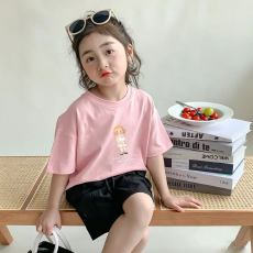 批发纯棉<b class='q'>女</b><b class='q'>童</b>洋气短袖T恤夏装新款百搭圆领印花休闲百搭上衣