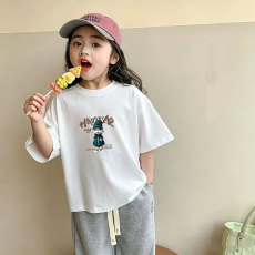 批发纯棉<b class='q'>女</b><b class='q'>童</b>洋气短袖T恤夏装新款百搭圆领印花休闲百搭上衣