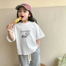 批发纯棉<b class='q'>女</b><b class='q'>童</b>洋气短袖T恤夏装新款百搭圆领印花休闲百搭上衣