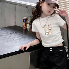 批发1*1纯棉高弹力<b class='q'>女</b><b class='q'>童</b>短袖t恤夏季新款抽褶短款收腰百搭洋气T恤