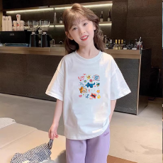 批发纯棉<b class='q'>女</b><b class='q'>童</b>洋气短袖T恤夏装新款百搭圆领印花休闲百搭上衣