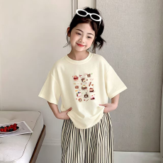批发纯棉<b class='q'>女</b><b class='q'>童</b>洋气短袖T恤夏装新款百搭圆领印花休闲百搭上衣