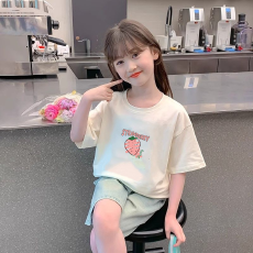 批发纯棉女童洋气短袖T恤夏装新款百搭圆领印花休闲百搭上衣