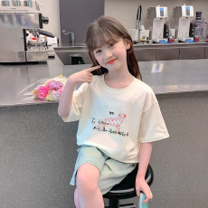 批发纯棉女童洋气短袖T恤夏装新款百搭圆领印花休闲百搭上衣