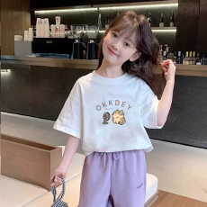 批发纯棉女童洋气短袖T恤夏装新款百搭圆领印花休闲百搭上衣