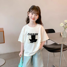 批发纯棉女童洋气短袖T恤夏装新款百搭圆领印花休闲百搭上衣