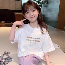 批发纯棉女童洋气短袖T恤夏装新款百搭圆领印花休闲百搭上衣
