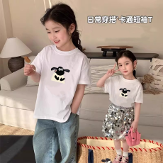 批发纯棉<b class='q'>女</b><b class='q'>童</b>洋<b class='q'>气短</b>袖T恤夏装新款百搭圆领印花休闲百搭上衣