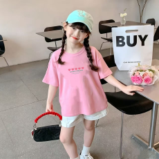 批发纯棉女童洋气短袖T恤夏装新款百搭圆领印花休闲百搭上衣