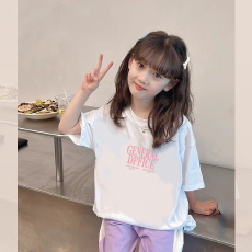批发纯棉女童洋气短袖T恤夏装新款百搭圆领印花休闲百搭上衣