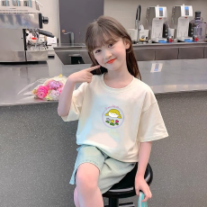 批发纯棉女童洋气短袖T恤夏装新款百搭圆领印花休闲百搭上衣