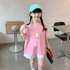 批发纯棉女童洋气短袖T恤夏装新款百搭圆领印花休闲百搭上衣