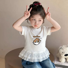 批发纯棉女童双蕾丝花边卡通印花T恤夏季新款中大童设计感上衣