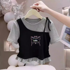批发女童韩版荷叶花边<b class='q'>夏</b>季新款短袖T恤儿童假两件洋气收腰T恤